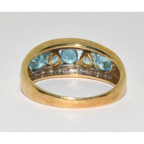 285 - 9ct gold ladies 5 stone Aquamarine and Diamond ring size Q