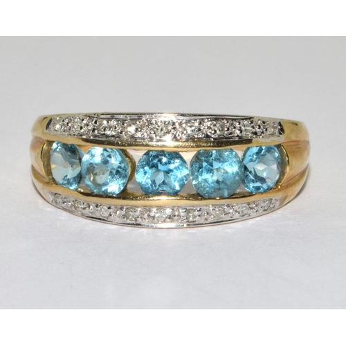 285 - 9ct gold ladies 5 stone Aquamarine and Diamond ring size Q