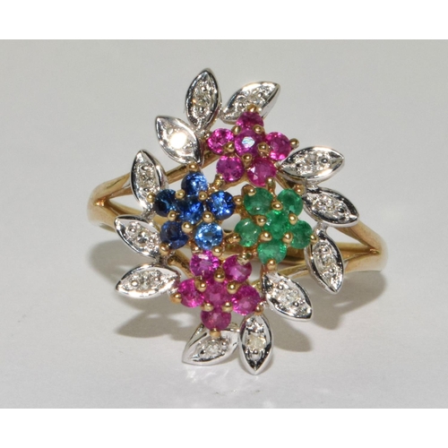 321 - 9ct gold ladies Diamond,Sapphire, Ruby,and Emerald  Flower head ring size P