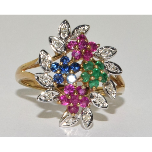 321 - 9ct gold ladies Diamond,Sapphire, Ruby,and Emerald  Flower head ring size P