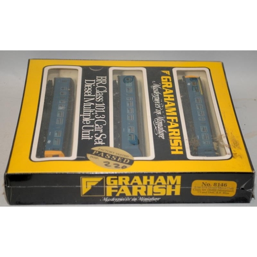 1367 - Graham Farish N gauge 8146 3 Car 57ft Diesel Motor Unit Class 101DMBS Motorised, TS and DMC. BR Blue... 