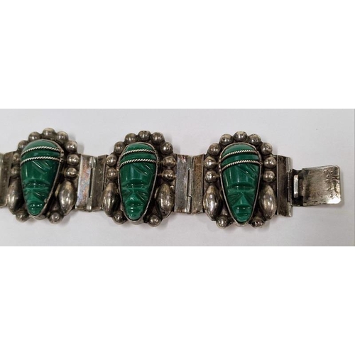 295 - Mexican silver carved chrysoprase masks vintage marked sterling silver bracelet.