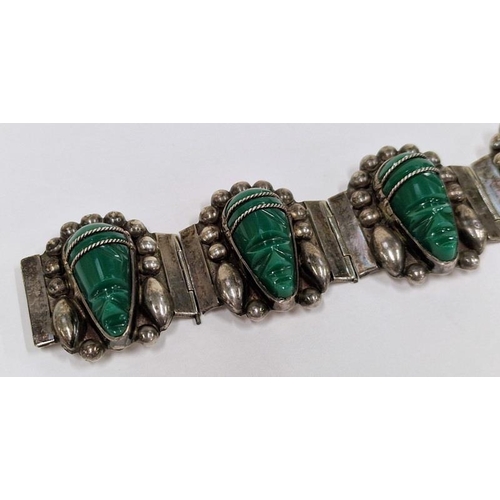 295 - Mexican silver carved chrysoprase masks vintage marked sterling silver bracelet.