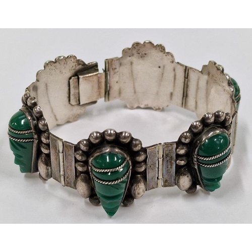 295 - Mexican silver carved chrysoprase masks vintage marked sterling silver bracelet.