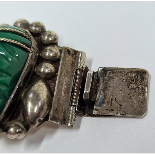 295 - Mexican silver carved chrysoprase masks vintage marked sterling silver bracelet.