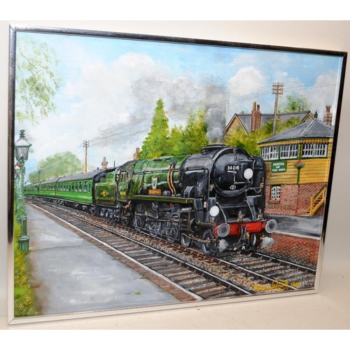 1229 - Signed oil on board  Malcolm Drabwell  34016 Bodmin steam engine at Medstead and Four Marks station.... 