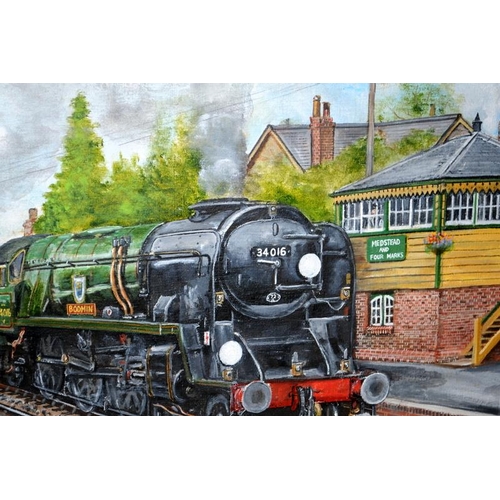 1229 - Signed oil on board  Malcolm Drabwell  34016 Bodmin steam engine at Medstead and Four Marks station.... 