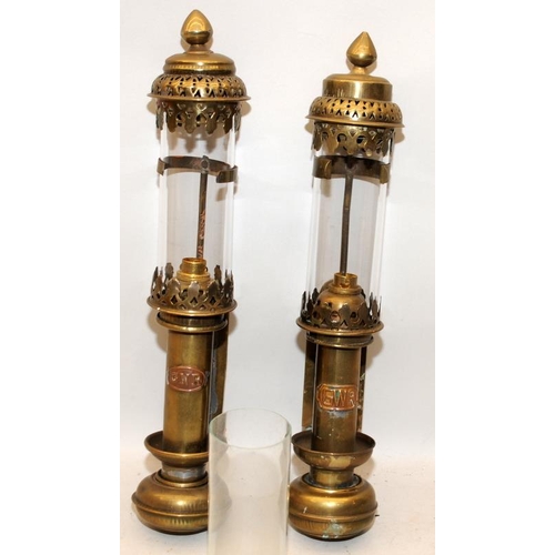 1368 - Two antique brass and glass Railway Carriage lamps, Great Northern Railway and Great Western Railway... 