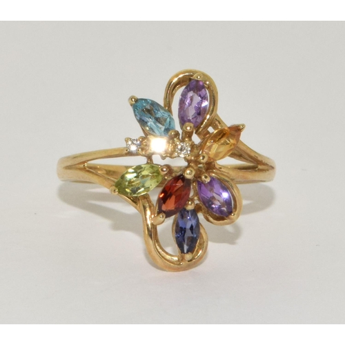 463 - 9ct gold ladies Diamond and Multi semi precious stone ring size Q