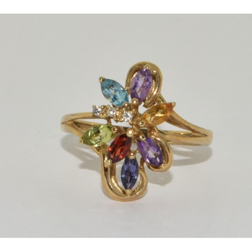 463 - 9ct gold ladies Diamond and Multi semi precious stone ring size Q