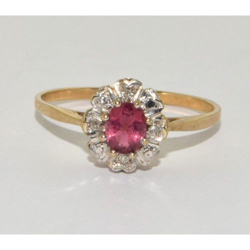 496 - 9ct gold ladies Pink Tourmaline and Diamond cluster ring size Q