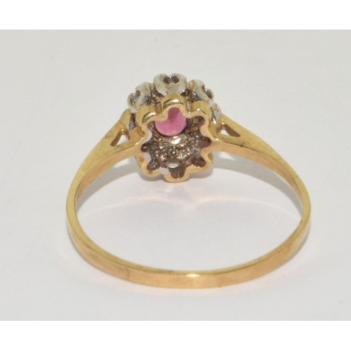 496 - 9ct gold ladies Pink Tourmaline and Diamond cluster ring size Q