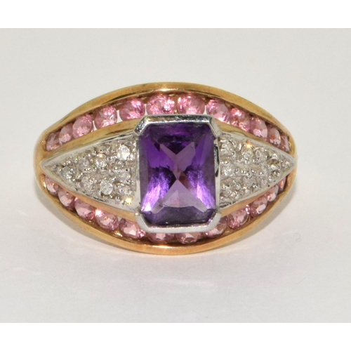 503 - 9ct gold ladies Amethyst, Pink Tourmaline, and Diamond ring size Q