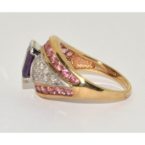 503 - 9ct gold ladies Amethyst, Pink Tourmaline, and Diamond ring size Q