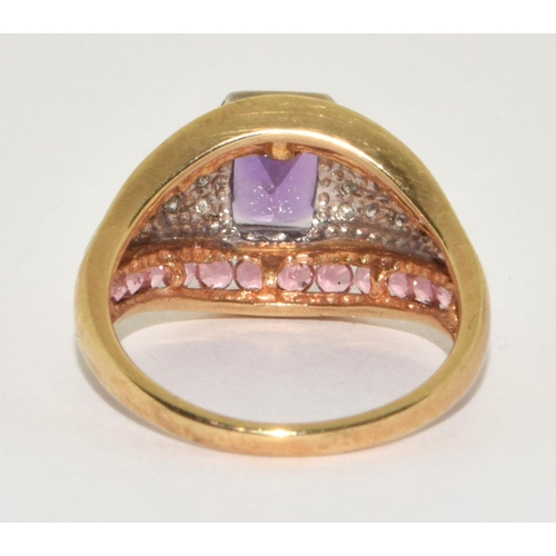 503 - 9ct gold ladies Amethyst, Pink Tourmaline, and Diamond ring size Q