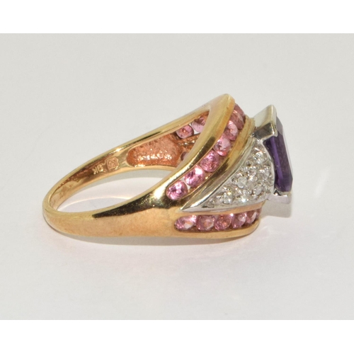 503 - 9ct gold ladies Amethyst, Pink Tourmaline, and Diamond ring size Q