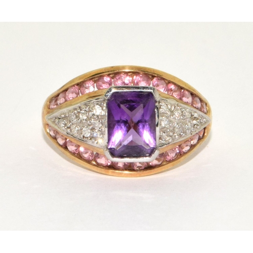 503 - 9ct gold ladies Amethyst, Pink Tourmaline, and Diamond ring size Q