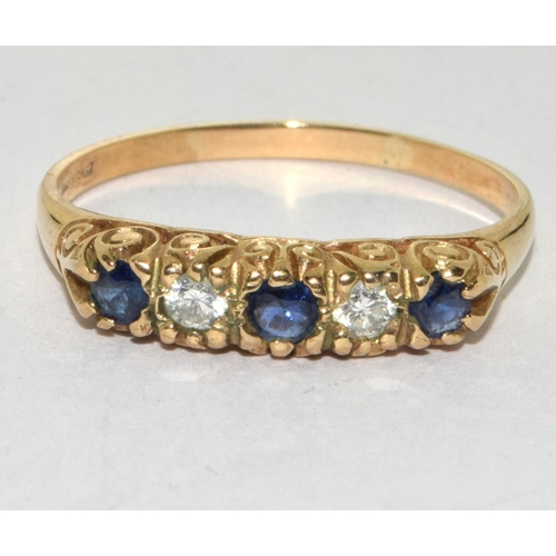 187 - 9ct Gold Antique set Diamond & Sapphire 5 Stone Ring. Size X