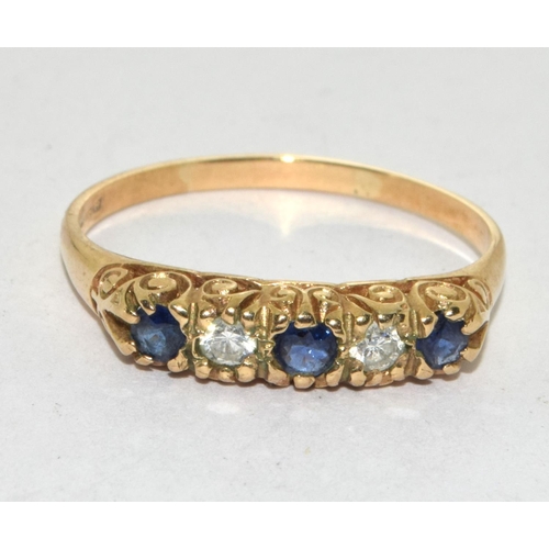 187 - 9ct Gold Antique set Diamond & Sapphire 5 Stone Ring. Size X