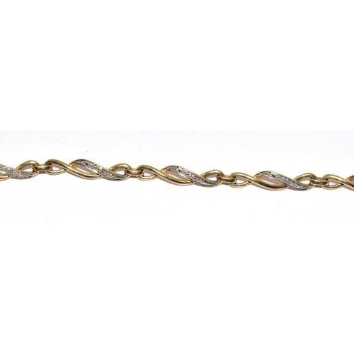 377 - 9ct gold and diamond Celtic style lobster claw bracelet with diamond insert. 7 inches long 5.7g