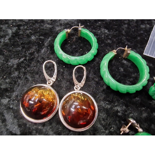 355 - Quantity of Earrings to include Amber ,Jadeite, and silver