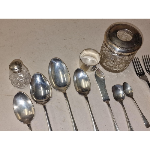 542 - Silver H/M napkin ring, together 2 cut glass Silver top dressing table bottles and a quantity of fla... 