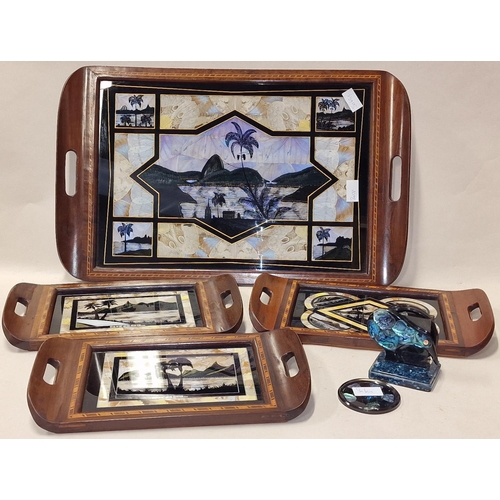 134 - Mahogany in laid serving tray decorated with butterfly wings together 3 single serving trays similar... 