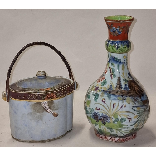 198 - Oriental Hexagonal onion vase together with an oriental porcelain tea caddy, vase is 27cm tall