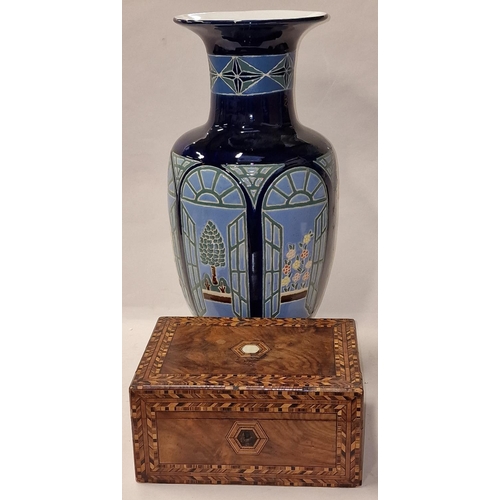 135 - Large contemporary blue vase together with a Tunbridge Ware box vase is 52x22cm