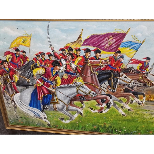 210 - Large oil on canvas depicting a military battle scene 