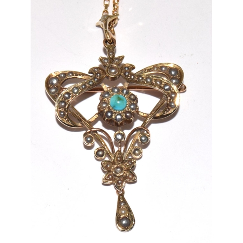 379 - A 9ct gold Edwardian Pendant/brooch set with pearls on 9ct gold chain.