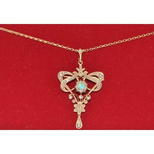 379 - A 9ct gold Edwardian Pendant/brooch set with pearls on 9ct gold chain.