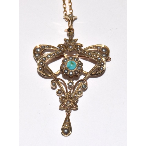 379 - A 9ct gold Edwardian Pendant/brooch set with pearls on 9ct gold chain.