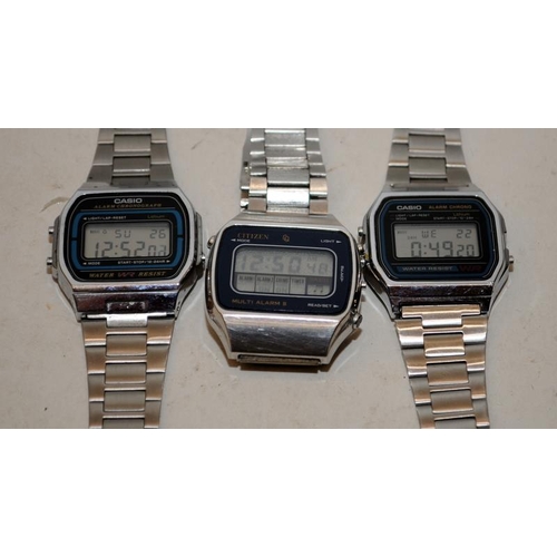 257 - Three vintage gents digital watches, Casio and Citizen. All with batteries fitted and seen working a... 