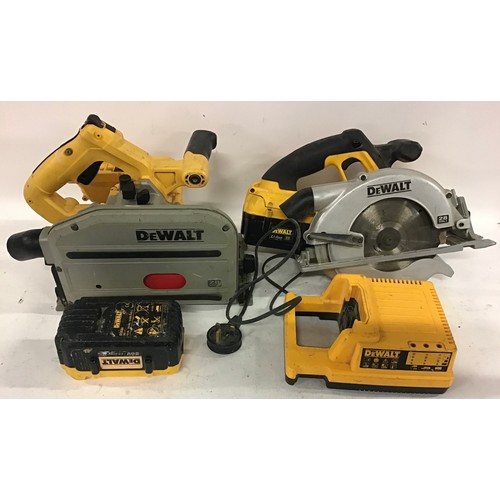 81 - 2 x DeWalt battery powered hand circular saws complete with charger and 1 battery.