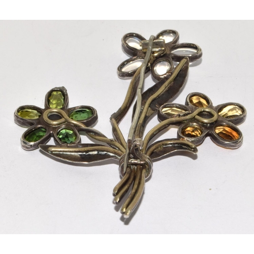 299 - 925 silver flower brooch set with Peridot, Moonstone and Citron