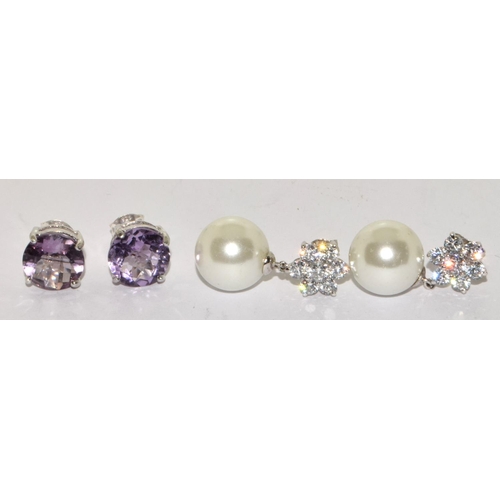 401 - 925 silver earrings 2 pairs (1 is Amethyst) (2nd is pearl)