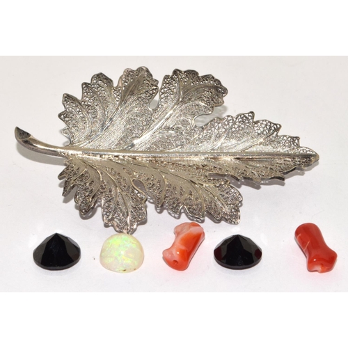 388 - Silver Filigree leaf brooch together Opal, Coral and smokie quarts loose stones