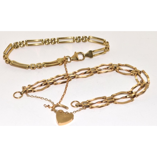 287 - 9ct gold 3 bar gate bracelet with safety chain and heart padlock together a twin bar bracelet 13,5g