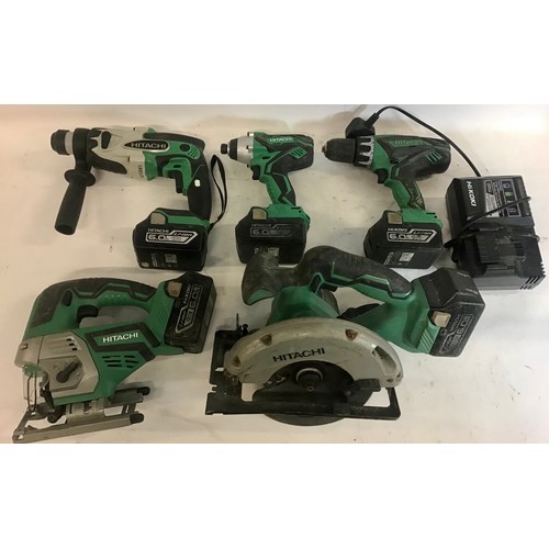 87 - Hitachi power tool set complete with 5 batteries, charger and branded carry bag.