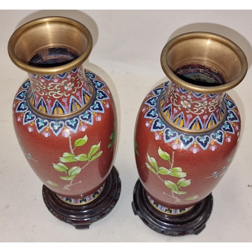 199 - Pair of Cloisonne vases standing on wooden bases 26cm tall