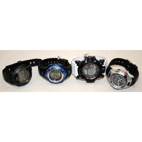 399 - Four gents digital watches, all with new batteries fitted and seen working at time of listing