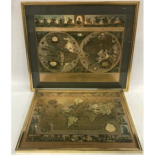 102 - Framed gold foil coloured Blaeu Wall Map and Moses pit from 1681. 56 x 46cm and 53 x 63cm.