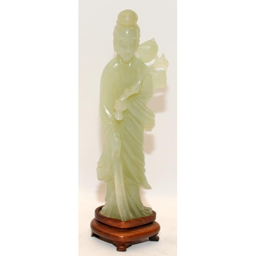 18 - Chinese celadon Jade figure of Kwanyin holding a branch of peaches on original fitted hardwood stand... 