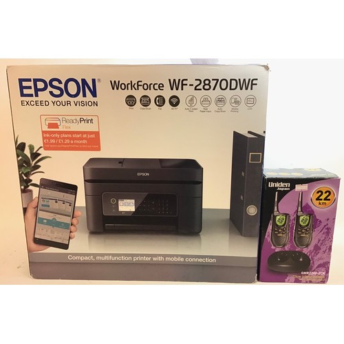 107 - Here we have an Epson WF-2870DWF Multi function printer along with a Uniden GMR2200-2CK set of Walki... 