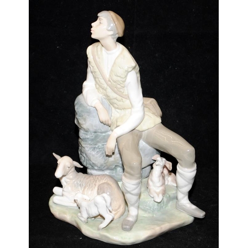 132 - Lladro figure Shepherd Resting with Dog tending sheep no 4571 28cm tall