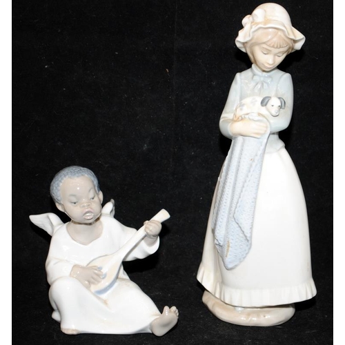 133 - Lladro figure Seated Angel lute Player together a Nao figure Daisa girl holding a puppy