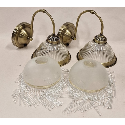 176 - Pair brass glass dome wall lights together with a pair od tasselled glass light shades.