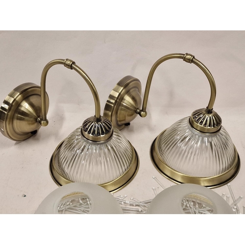 176 - Pair brass glass dome wall lights together with a pair od tasselled glass light shades.