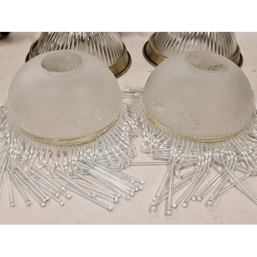 176 - Pair brass glass dome wall lights together with a pair od tasselled glass light shades.